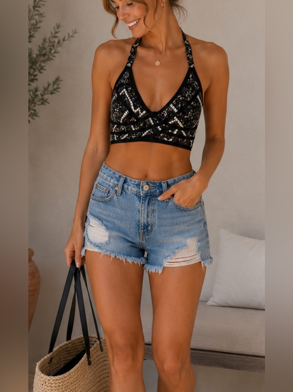 Free People NWT Intimately Bra Small Black Boho Floral Festival Halter Top Crop